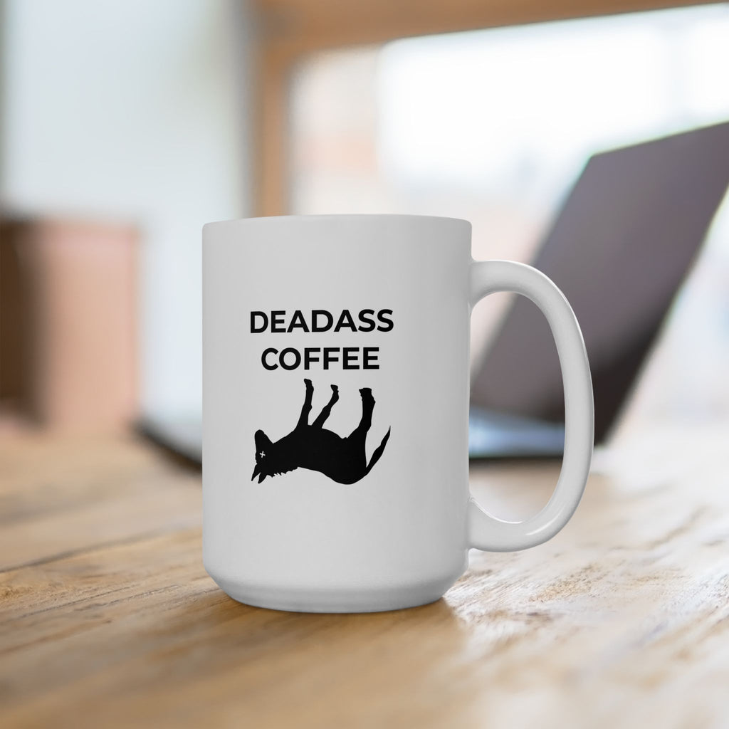 White 15oz Deadass Mug on desk