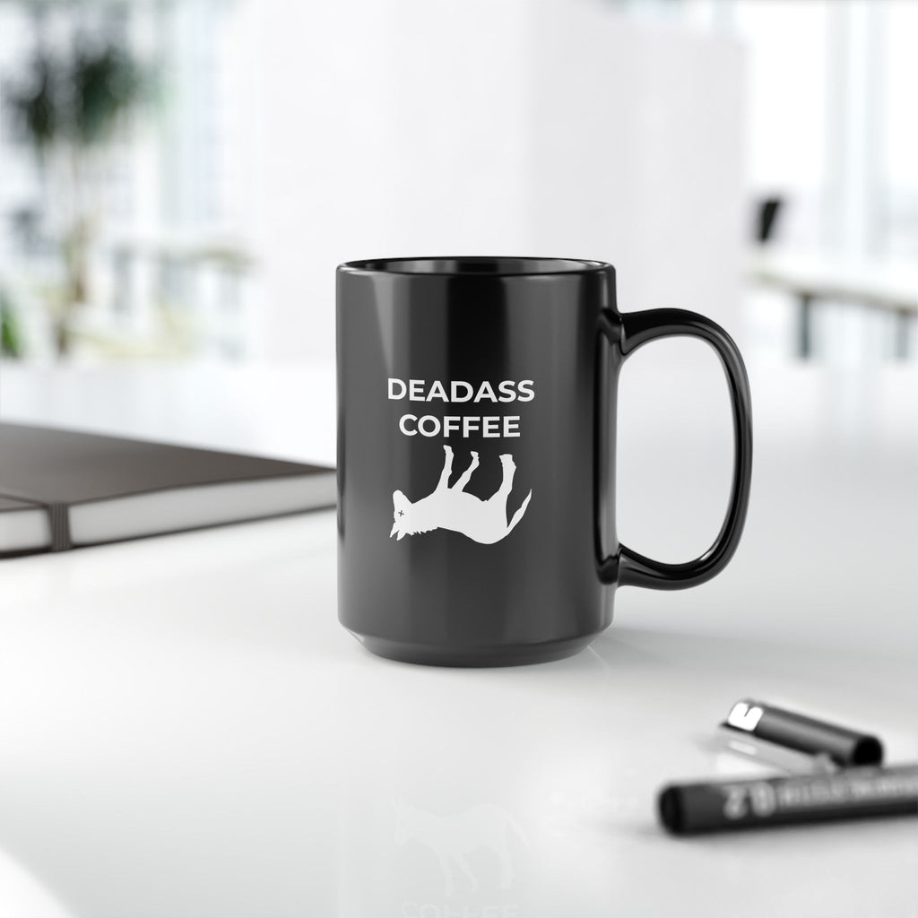 Black 15oz Deadass Mug on desk